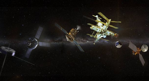 Rengeteg űrhajó és műhold kering az űrben. Túlkínálat probléma. A kép elemeit a NASA bocsátotta rendelkezésre. - Fotó, kép