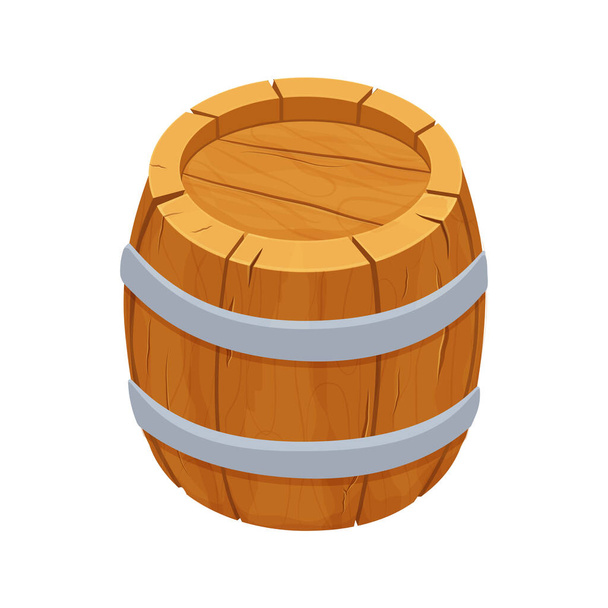 Wooden barrel detailed, textured in cartoon style isolated on white background. Ui game assets. Wood container, keg. Decoration, rural, rustic object. - Vector, Image
