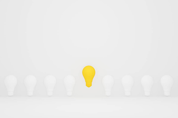 Лампочка жовта, видатна серед лампочок білого кольору. Концепція творчої ідеї та інновацій. 3d ілюстрація
 - Фото, зображення