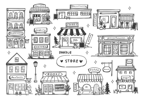 Conjunto de ilustraciones de diferentes fachadas de tiendas - Vector, Imagen