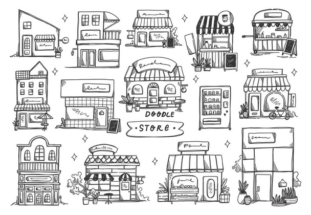 Illustration set of different facades of stores - Vector, Image