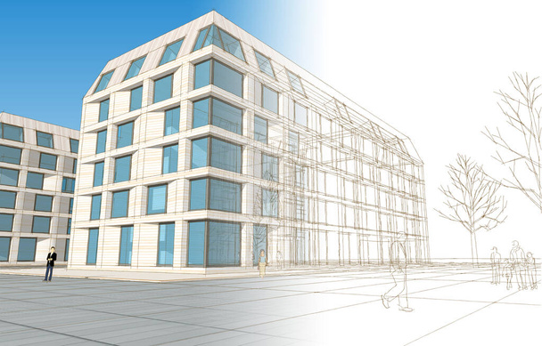 Эскиз архитектуры городского офиса 3d иллюстрация - Фото, изображение