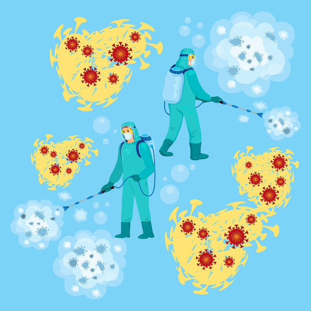 Hombre que usa un equipo de protección personal con una mochila de agua desinfectante en aerosol a presión para eliminar el coronavirus, ilustración vector de dibujos animados - Vector, Imagen