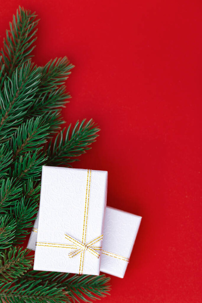 Cajas de regalo de color plata sobre fondo de papel rojo. Sorpresa de Navidad y Año Nuevo en caja cerrada con ramas verdes del árbol de Navidad. Formato vertical. - Foto, Imagen