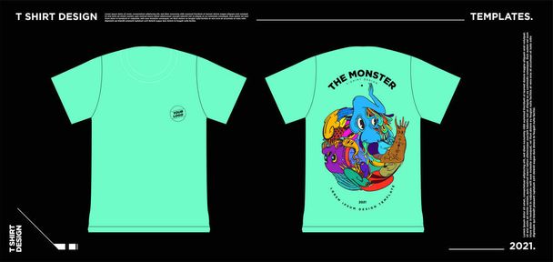 Modelo de design de camiseta de ilustração vetorial com monstros abstratos coloridos - Vetor, Imagem