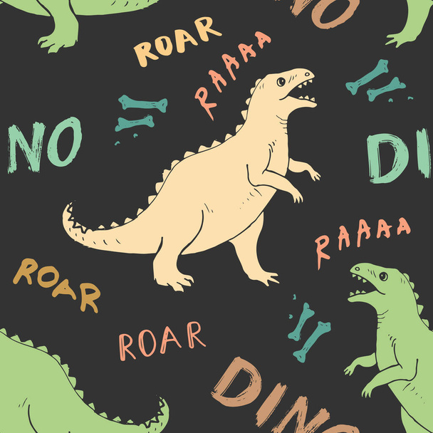Dino Seamless Pattern, Cute Cartoon Hand Drawn Dinosaurs Doodles Vector Illustration. - Vecteur, image