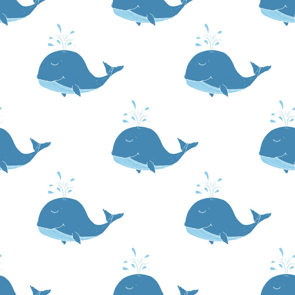 Cute Whale Seamless Pattern Cartoon Hand Drawn Animal Doodles Vector Illustration Background - Vektör, Görsel