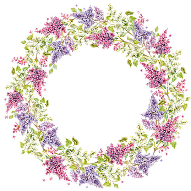 Beautiful floral wreath frame with watercolor hand drawn gentle lilac flowers. Stock illustration. - Foto, Bild