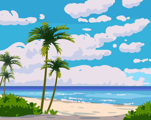 Tropical Island plage station d'été, sable de bord de mer, palmiers, vagues. Océan, mer exotique plage paysage, nuages, nature. Illustration vectorielle - Vecteur, image