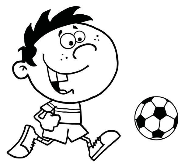 Desenho da página da coloração de um menino do jogador do futebol dos desenhos animados que funciona após uma bola
 - Foto, Imagem