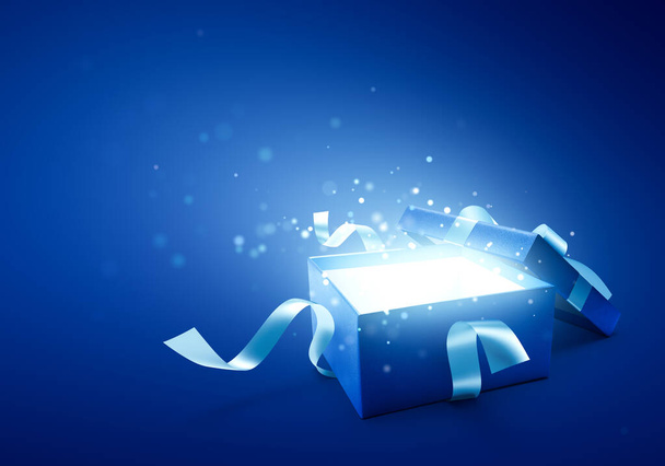 Caja de regalo abierta azul con luz brillante / mágica - Foto, Imagen