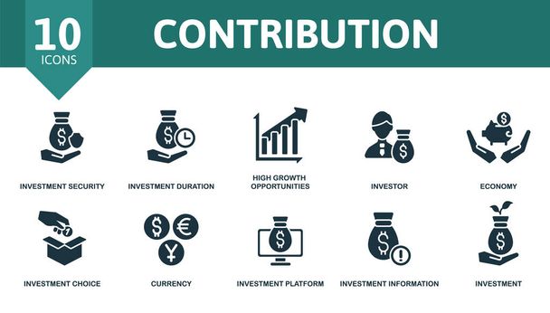 Contribution icon set. Contains editable icons investment theme such as investment security, high growth opportunities, economy and more. - Vector, Image