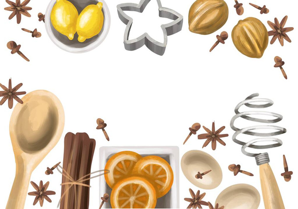Christmas or Thanksgiving dinner pattern. On a white background: eggs, nuts, orange slices, cinnamon, lemons, carnation, anise and baking tapperware.  - Fotoğraf, Görsel