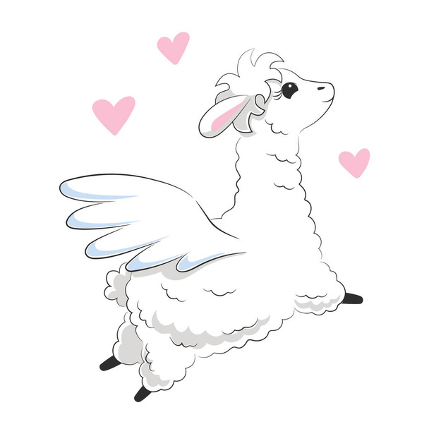 Cute white fluffy llama flying with pegasus wings surrounded by pink hearts. Hand drawn animal for greeting card wall art for kids room nursery. Stock vector illustration isolated on white background - ベクター画像