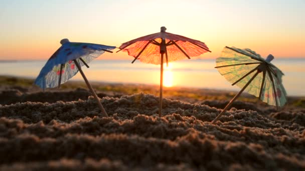 Парасольки паперового коктейлю в піску на березі моря під час заходу сонця крупним планом
 - Кадри, відео