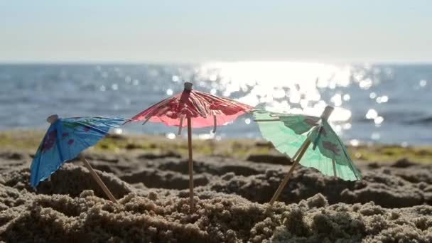 Ombrelli da cocktail di carta in sabbia in riva al mare nella soleggiata giornata estiva primo piano - Filmati, video