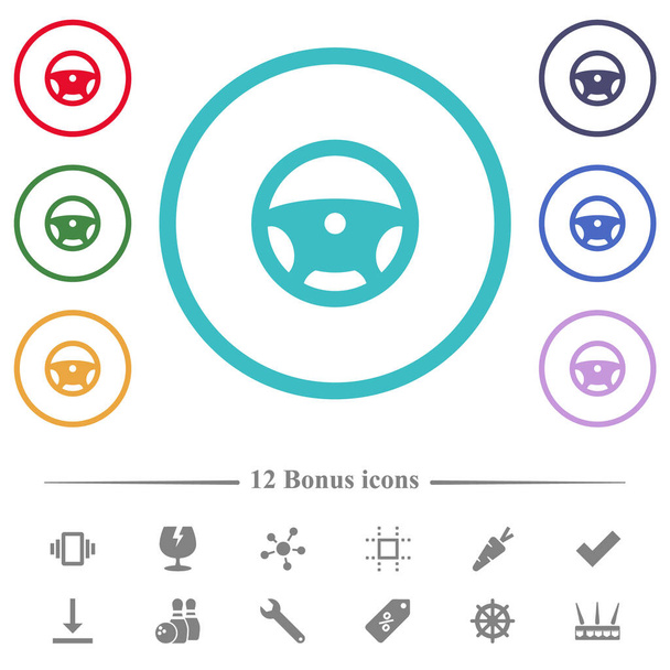 Steering wheel flat color icons in circle shape outlines. 12 bonus icons included. - Vector, Image