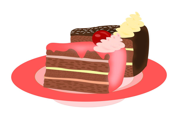 Dwa kawałki ciasta na różowym talerzu - jeden z różowym lukrem, bitą śmietaną i wiśnią, a drugi z polewą czekoladową i bitą śmietaną - Wektor, obraz