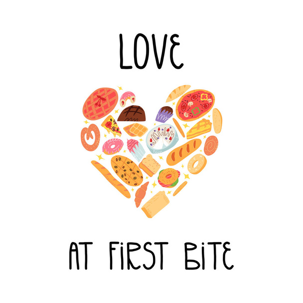 Traditional American, Spanish, Belgian etc cuisine pastry, baked desserts in heart shape. Love at first bite lettering. - Vector, Image
