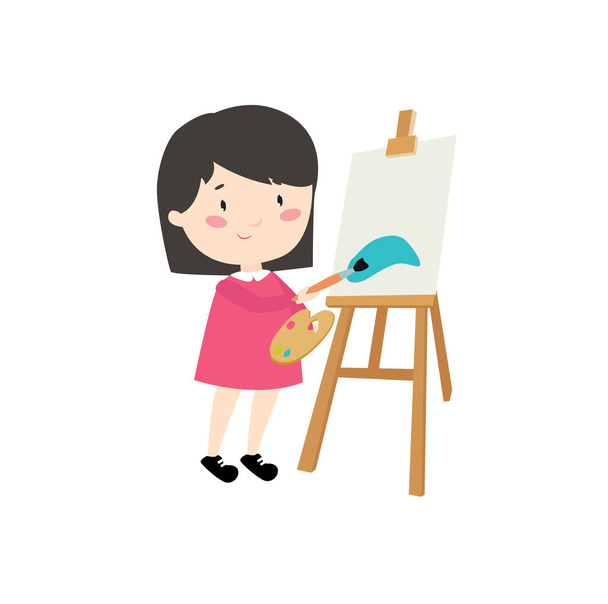 Η Cartoon Girl ζωγραφίζει πίσω από ένα καβαλέτο. Γυναίκα καλλιτέχνης. Χαρακτήρας κινουμένων σχεδίων - Διάνυσμα, εικόνα
