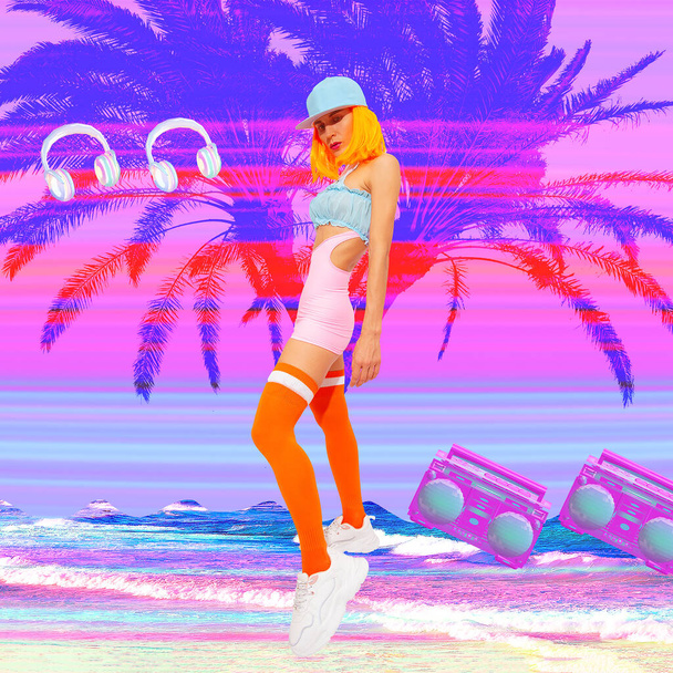 Contemporary digital collage art. Fashion Girl back in 90s. Pop zine, skate, surf, street, urban culture. Beach vacation party vibes - Fotoğraf, Görsel