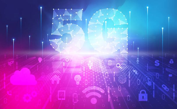 5G síť bezdrátový internet Wi-Fi připojení abstraktní pozadí koncept, Digitální technologie banner růžové modré pozadí binární kód, abstraktní tech big data komunikace, Vysokorychlostní širokopásmový vektor - Vektor, obrázek
