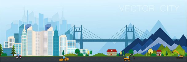   City view with bridge. Modern metropolis with mountains. Vector poster. - Vettoriali, immagini