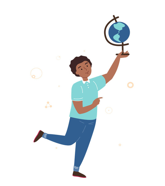 Uśmiechnięty chłopiec Afrykański student trzymać Globe Sfera Ziemi Planet.Happy ucznia na lekcji geografii.Cute chłopiec lub uczennicy.Flat wektor kreskówki ilustracja wesoły ucznia odizolowany na białym - Zdjęcie, obraz