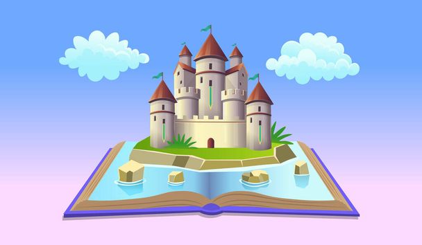  Open book with fairy castle and clouds. Vector illustration in cartoon style for kids. The concept of a children's playroom, birthday, kids club, kindergarten, school. - Vector, Image