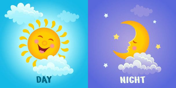 Μέρα και νύχτα. Γελοιογραφία απεικόνιση ενός χαμογελαστού ήλιου με σύννεφα και έναν μήνα ύπνου με αστέρια για τα παιδιά.Διάνυσμα - Διάνυσμα, εικόνα