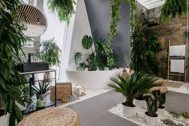 Interior design in urban jungle style. Modern bathroom decorated with green tropical plants and wicker home decor elements. Freestanding white tub, shower space and wash basin inside bohemian restroom - Foto, Imagen