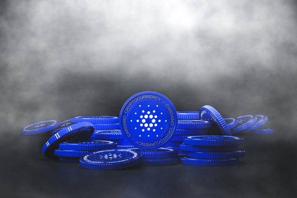Монета из голубого кардано (ADA) накапливается холодным кашлем. Для криптовалютного рынка, продвижения токенов, рекламных целей. 3d-рендеринг - Фото, изображение