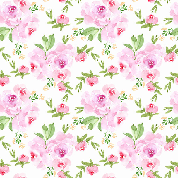 seamless floral pattern with delicate roses on a white background, watercolor illustration hand painted - Valokuva, kuva