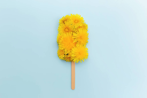 Greeting card concept flat lay on blue background with dandelion blossom ice cream lolly on a stick. High quality photo - 写真・画像