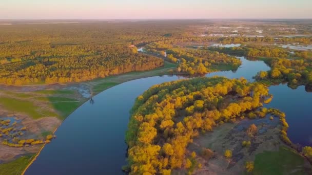 A drón átrepül egy gyönyörű nyári tájon egy folyóval naplementekor.. - Felvétel, videó