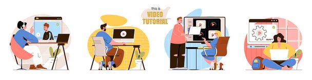 This is Video Tutorial concept scenes set. Men and women watching videos, learning online, training new skills. Collection of people activities. Vector illustration of characters in flat design - Vector, Image