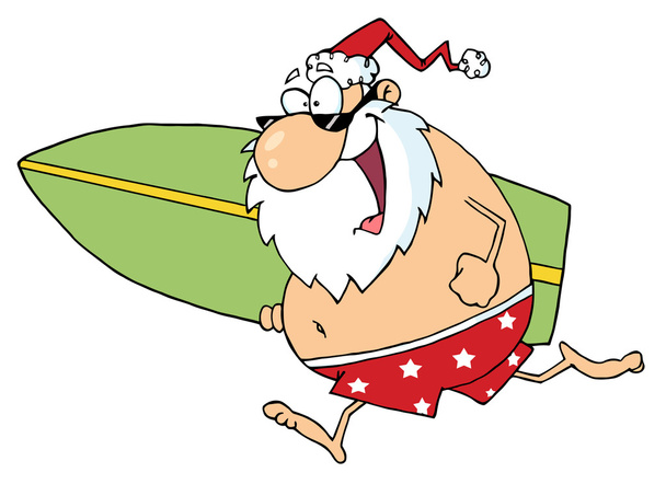 Santa In Shorts, Running With A Surfboard - Photo, Image
