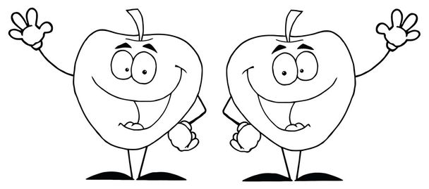 Two Outlined Apple Characters Waving - Fotó, kép