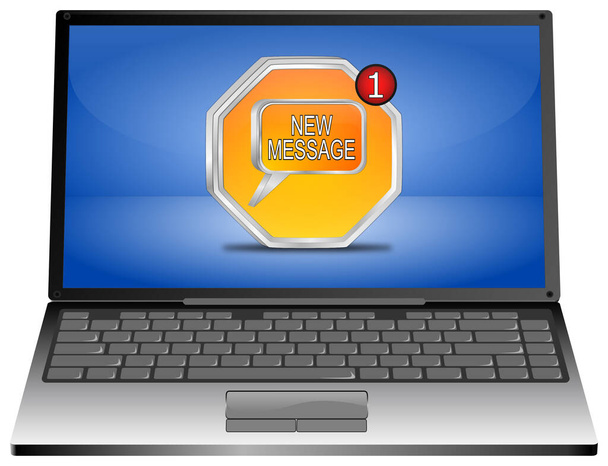 Computer portatile con nuovo pulsante di messaggio arancione sul desktop blu Illustrazione 3d - Foto, immagini