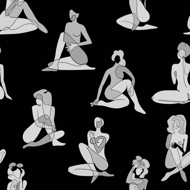 Seamless background with black and white illustration of silhouette women body - Vector, imagen