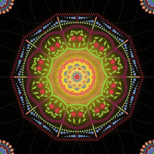 Vektor zökkenőmentes kép egy kör alakú pontozott Mandala piros és sárga színek egy sötét háttér - Vektor, kép