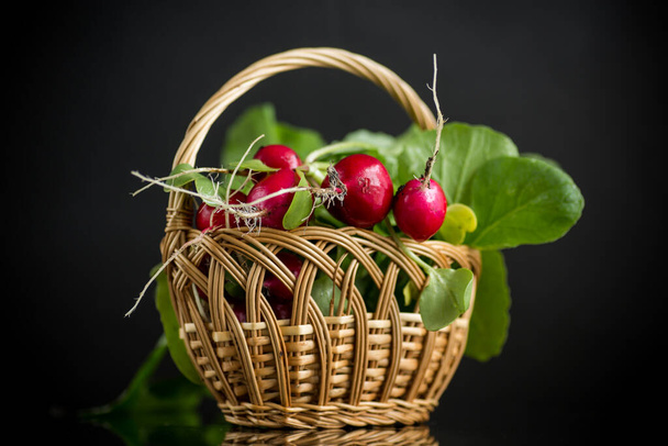 fresh natural organic ripe radish in basket isolated on black background - Fotoğraf, Görsel