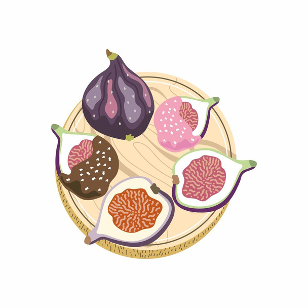 Vector illustration of slices of figs and a whole fig fruit on a wooden board. Fig slices in chocolate and pink glaze. Dessert serving appetizer board isolated on white background. - Vektor, kép