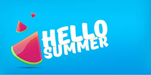 Hello Summer Beach Party horizontal banner Design template with fresh watermelon slice isolated on blue background. Hello summer concept label or poster with fruit and typographic text. Summer flyer - Wektor, obraz