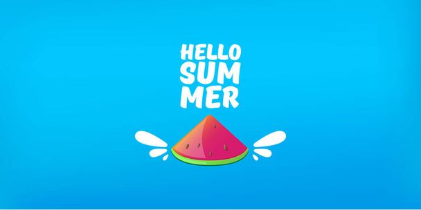 Hello Summer Beach Party horizontal banner Design template with fresh watermelon slice isolated on blue background. Hello summer concept label or poster with fruit and typographic text. Summer flyer - Vector, Image