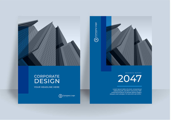 Moderno blu bianco A4 layout di design di copertina impostato per le imprese. Geometria astratta con illustrazione vettoriale del concetto aziendale sullo sfondo. Adatto per brochure, relazione annuale, progettazione catalogo industriale - Vettoriali, immagini