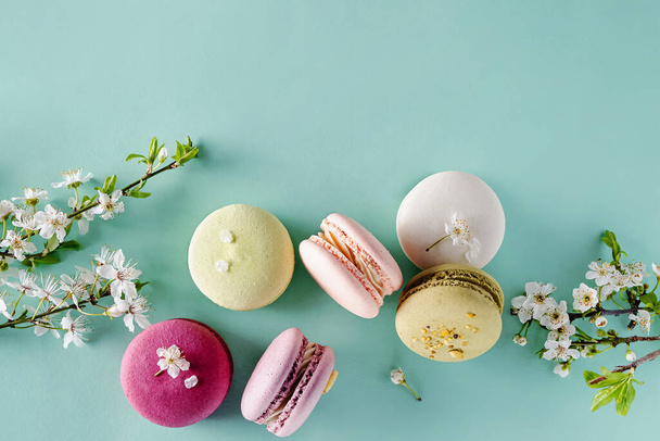 French dessert macarons and spring tree blossom - Photo, image