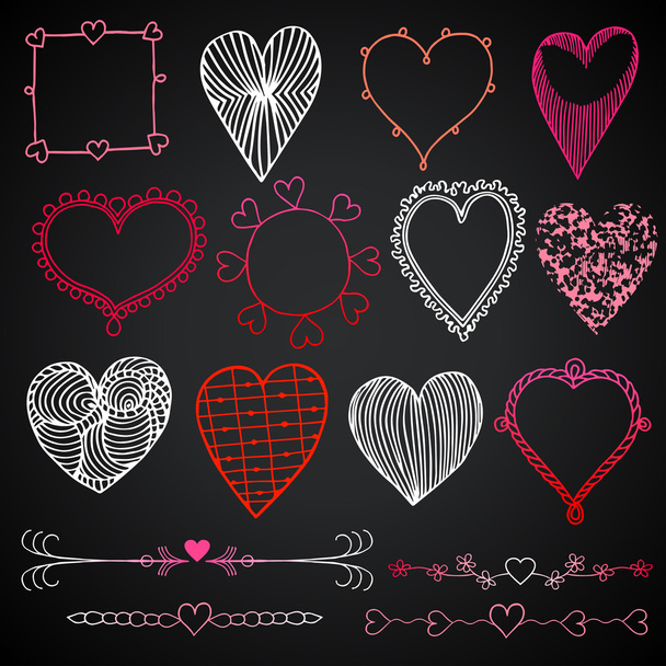 Dia dos Namorados em estilo quadro-negro, vermelho, branco e rosa belos corações desenhados
 - Vetor, Imagem