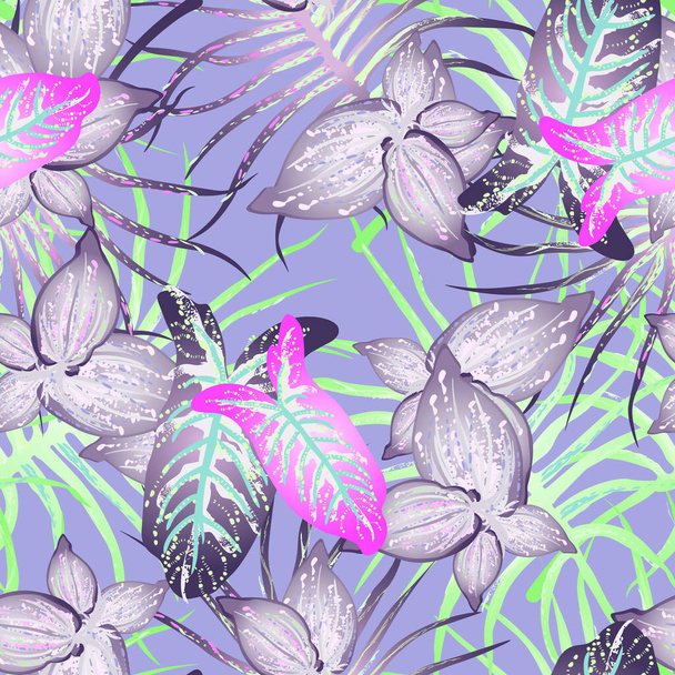 Tropical Leaf Modern Motif. Jungle Print. Foliage Summer Seamless Pattern. Trending Greenery Vector Background. Artistic Botanic Surface. Abstract Plant Texture For Fashion. Soft Pastel Brush Drawing. - Vektori, kuva