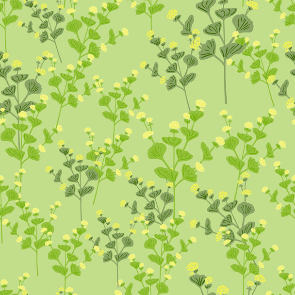 Summer meadow seamless nature pattern with random light green wildflowers silhouetes. Pastel background. Graphic design for wrapping paper and fabric textures. Vector Illustration. - Вектор,изображение